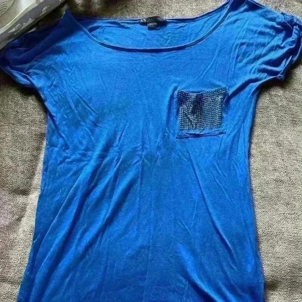 Armani Exchange Bright Blue White Neck T-Shirt with Rhinestone Pocket De…